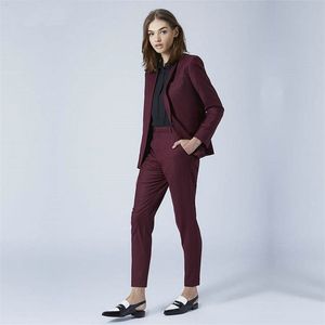 Burgundy Ladies Pant Suits Women Business Suits Blazer Jacket+Pants Formal Office Uniform Style Female Trouser PantSuit 211116