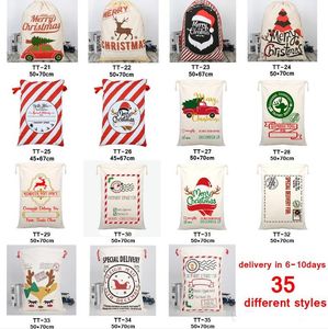 2021 Vintage linne säckar 35 stilar Julklappspåsar Drawstring väska med renar Claus-väska för Santa Sack Kids