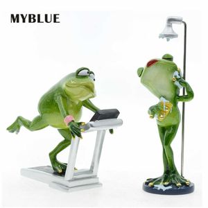 MYBLUE Kawaii Garden Animal Resin Running Sport Shower Frog Figurine Miniature Nordic Home Room Table Decoration Accessories 210804