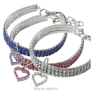 Dog Collar Leashes 10st / Lot Elastic Pet Halsband med Bling Rhinestones Halsband Partihandel Heart Pendant