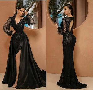 Luxury Beaded Black Evening Dresses Long Poet Sleeves Mermaid Side Slit med Avtagbar Satin Train Backless Custom Made Prom Party Gown Vestido