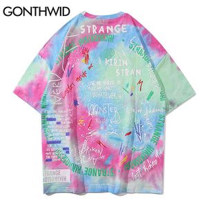 GONTHWID Tie Dye Tees Shirts Streetwear Hip Hop Graffiti Print Short Sleeve Tshirts Mens Harajuku Hipster Casual Tops Fashion G1229