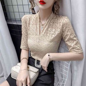 Summer Lace Shirt Women's Ins Hollow Short-Sleeved Fashion Vintage Clothes Solid Color Blusas Mujer De Moda Tops P046 210527