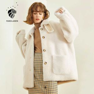 팬슐린 더블 페이셜 모피 테디 코트 여성 양털 혼합 가짜 재킷 가을 겨울 캐주얼 랩 ry 210607