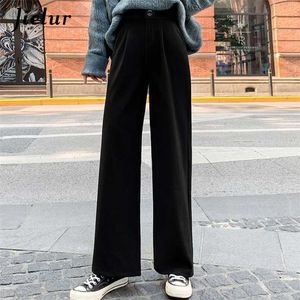 Jielur estilo coreano largo pants inverno mulheres solta reta feminino feminino cintura alta moda preto calças de lã m-xxl 211115