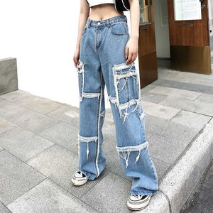 Vår sommar Streetwear Big Pocket Wash Water Begagnade Jeans Kvinnors Lösa Casual Wide Leg Pants 210615