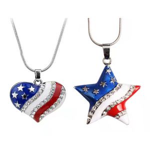 Mode 4 juli patriotiska usa amerikanska flaggan hjärta hängsmycke halsband 5-spetsig stjärna amerikanska flagg halsband med österrikisk kristall för män kvinnor grossist pris