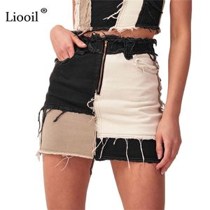 Liooil Patchwork Cotton Denim High Waist A-Line Kjolar Med Fickor Höst Streetwear Färg Block Zipper Kvinnor Sexig Mini Skirt 210629