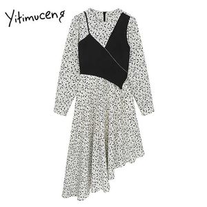 Yitimuceng Asymmetrical Patchwork Dresses Women Long Sleeve O-Neck White Spring French Fashion Clothing Office Lady 210601