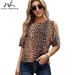 Kvinnors T-shirt Nice-Forever Autumn Fashion Cold Shoulder Leopard T-shirts Loose Women Casual Tees Topps T054