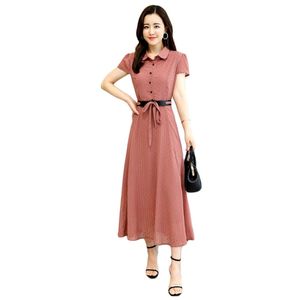 Summer dress women chiffon pink 3XL plus size fashion france style slim with belt yellow short sleeve maxi LR922 210531