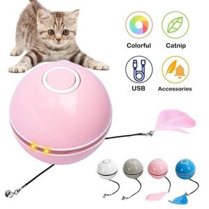 スマートインタラクティブキャットのおもちゃカラフルなLEDの自己回転ボールキャットニップベルと羽のおもちゃUSB充電式猫子猫の玩具210929