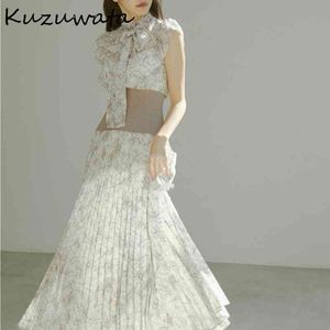 Kuzuwata Japanese Half High Collar Little Flying Sleeve Print Screw Thread Splicing Empire Dresses Spring Woman Clothing