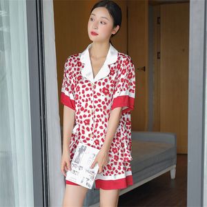 Summer Ice Silk Pajamas Home Clothing Floral Printed Satin Lady Lapel Neck Sleepwear 2 Piece Suit