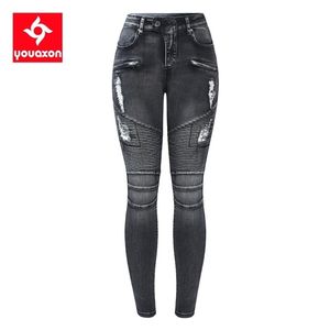 2168 Youaxon Schwarze Motorrad-Biker-Reißverschluss-Jeans, mittelhohe Taille, Stretch-Denim, Röhrenhose, Motorjeans für Damen, Trend 220310