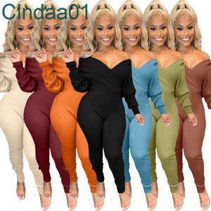 Women Jumpsuits Designer Slim Sexy Large V-neck Off Shoulder Thread Onesies Plus Size Rompers Solid Color Long Sleeve Bodysuit Clubwear 7 Colours