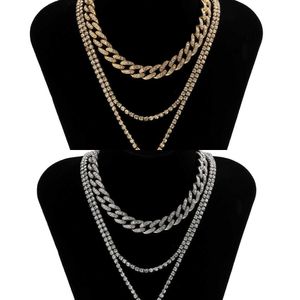 Ingesight.z 3pcs/set Rhinestones Miami Curb Cuban Choker Necklace Female Multi Layered Square Crystal Pendant Necklaces Jewelry Q0809