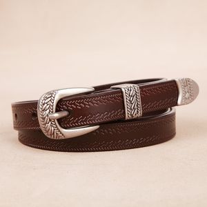 Leather belt lady art retro simple two layer cowhide alloy needle buckle black white red brown earth yellow dark color wholesale