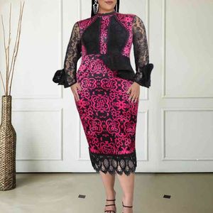 Women Floral Print Dresses Long Sleeve Lady Fashion Ruffles Bodycon Lace Patchwork Plus Size African Gowns with Elastic XXL 210527