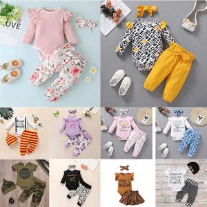 65 styles Baby Girls Boy 3 Piece sets Flowers Print Romper + Pant headband Infant kids Clothing set