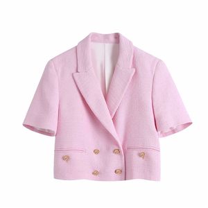 Blazer corto da donna in tessuto testurizzato rosa Za Spring Elegante blazer da donna a maniche corte con maniche corte da donna Top doppio bottone 211019