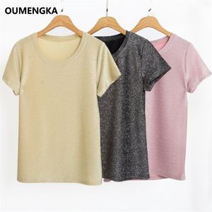 Summer T Shirt Silver Shiny Lurex Women Casual Solid Short Sleeves Tops O-Neck Female Breathable Elasticity Tee S-3XL 210623