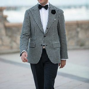 Checkered Houndstooth Mężczyźni Garnitury Dla Prom 2 Sztuka Groom Tuxedo Plaid Mężczyzna Ustaw Blazer z czarnymi Spodnie Męskie ubrania mody X0909