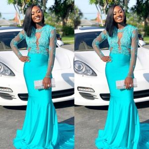 Long Sleeves Turquoise Evening Dresses 2021 Lace Applique Sexy Illusion Bodice Beaded Sweep Train Custom Made Prom Party Gowns Vestido 403