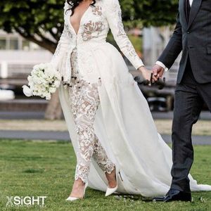 2021 Kant applique bruiden outfit bruidsjurk jumpsuit met trein luxe designer lange mouw peplum tuin outdoor bruid bruids jurken