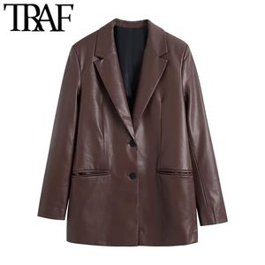 TRAF Women Fashion Faux Läder Blazer Coat Vintage Långärmad Welt Fickor Kvinnlig Ytterkläder Chic Veste Femme 211122