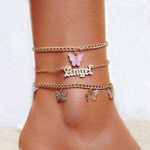 IFKM Fashion Pink Butterfly Anklets uppsättning för kvinnor Söt bokstav Angelkedjan Anklet Foot Ankel Armband Summer Beach Jewelry