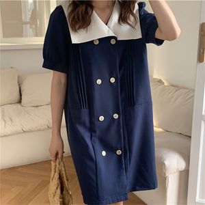 Fashion Navy Summer Sailor Collar Elegance Retro Chic Prom Straight Party Shirt Dress Femme All Match Vestidos 210525