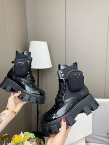 Kadın ROIS Martin Boots Askeri İlhamlı Savaş Botları Naylon Çantası Ayak Bileğine Bağlı Kayış Ayak Bildirileri Önyükleme Üst Kalite Siyah Mat Patent Deri Ayakkabı YENİ