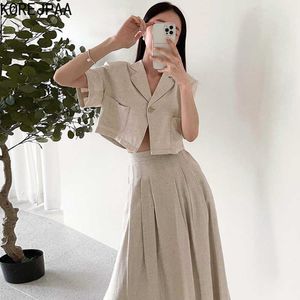 Korejpaa Women Sets Summer Korean Chic Ladies French Elegant Temperament Lapel One Button Blazer High Waist Pleated Skirts 210526