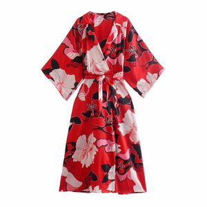 Casual Kleider Frauen Vintage Blumendruck Rot Split Midi Kleid Weibliche Chic Drei Viertel Hülse Bogen Gebunden Schärpen Kimono Vestidos