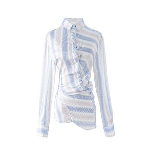 Весенний дизайн мода плиссированные пэчворки нерегулярный воротник поворота полные рубашки женские вершины 210615