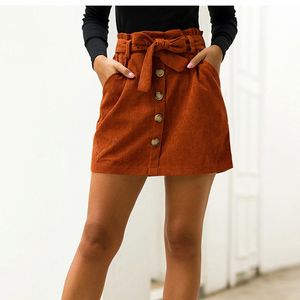 Skirts Corduroy Women Cotton High Waist Stretched With Tie Buttons A Line Ladies Sexy Short MT4168