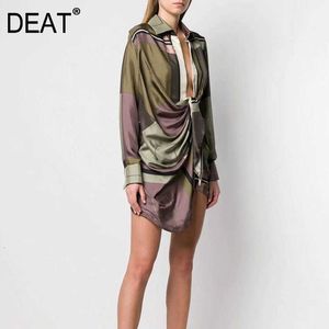 DEAT Freizeit Volle Hülse Asymmetrische Empire Taille Knielangen Kleider Frauen V-ausschnitt Lose Druck Kleid Herbst TD660 210707