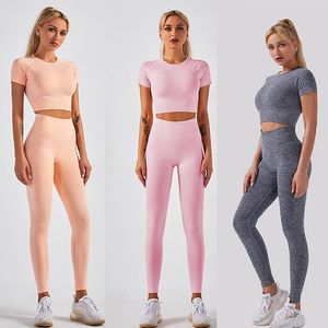 Summer Sport Outfits Set Women Purple Two Piece Crop Top T shirt Bra Leggings Sportsuit Workout Outfit Fitness Yoga Gym Sets