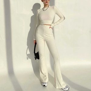 Kvinnor High Neck Ribbed Crop Top och Stretch Waist Flare Rroousers Co-Ord Koreanska Sweater Toppar + Byxor Set QW54 210603