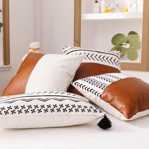 Kudde / dekorativ kudde brun faux läder bomullsstygn kudde täcke 45x45cm kasta lock för soffa säng hem dekor fyrkantig midje pillo