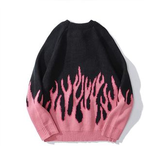 Maglioni da uomo Streetwear Retro Women Pink Flame Pullover lavorato a maglia Maglione Top Hip Hop Pull Over Casual Felpe Harajuku