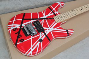 アップグレードEddie Edward Van Halen White Black Stripe Red St Electric Guitarフロイドローズトレモロロックナット、リトルブラックPickguard Guitars
