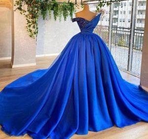 Arabiska Dubai Plus Size Glitter Royal Blue Aline Evening Dress paljetter Party Prom Gowns äktenskapsmottagning Kändisklänningar PAGEAN254O