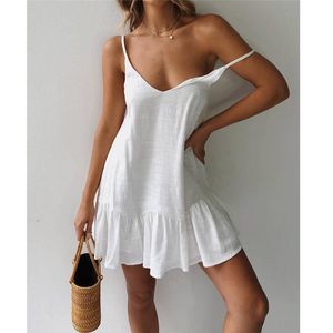 Vestidos casuales Correa de espaguetis con cuello en v de hombro Vestido de verano para mujer 2021 Blanco Ruffle Sexy Sundress Mini Algodón Vestidos