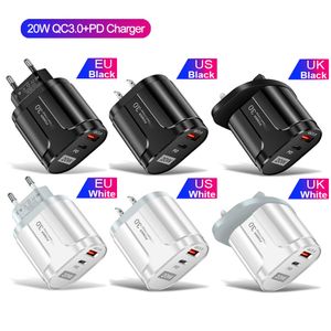 Snabbladdning Dual Ports 20W PD Typ C Wall Charger Snabbladdning USB C Power Adapters för iPhone 11 12 13 14 Samsung S22 S23 Huawei Telefonproppar med låda