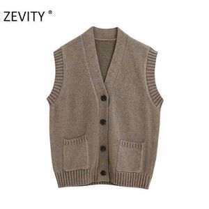 ZEVITY women fashion v neck breasted knitting casual sweater female leisure pockets sleeveless vest sweater coat tops S377 210603
