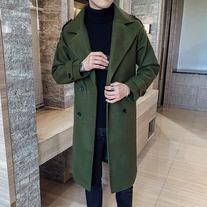 メンズウールブレンドファッションウィンタージャケット男性クラシックトレンチコートブラックキャラメルアーミーグリーンロングスリムフィットオーバーコート