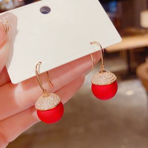 2022 Dangle & Chandelier Micro Pave Red Ball Earrings For Women Korean Style Temperament Wedding Party Earings