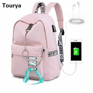 Kadınlar Tourya Sırt Çantası Moda Gençler Kızlar Için Su Geçirmez Okul Çantaları USB Şarj Yay Seyahat Sırt Çantası Laptop Bagpack Mochila 202211